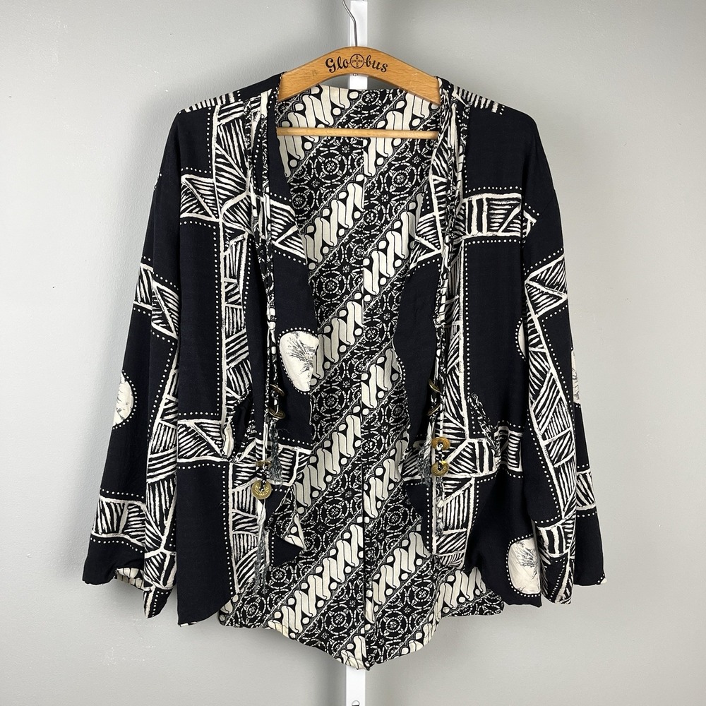 Globe Trotter Jacket Topper Cardigan‎ Womens Large Black White Print Lagenlook